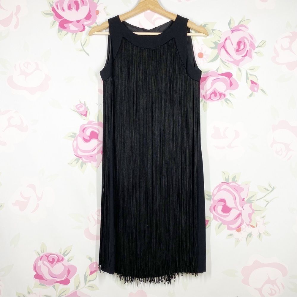 Vintage Anne Fogarty Black Fringe Sheath Dress S